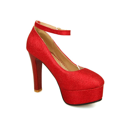 Women Ankle Strap Sequined High Heel Platform Pumps