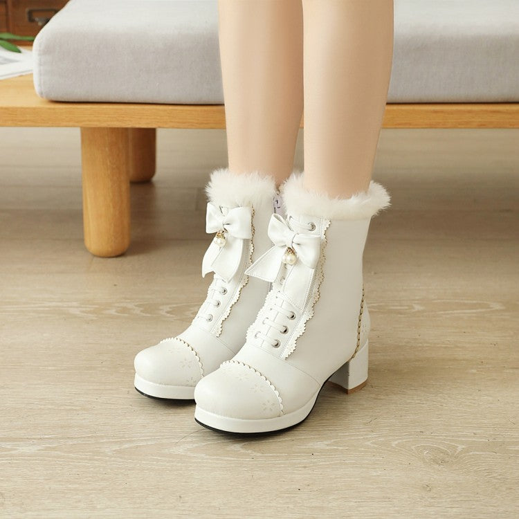 Women Bowtie High Heel Short Snow Boots