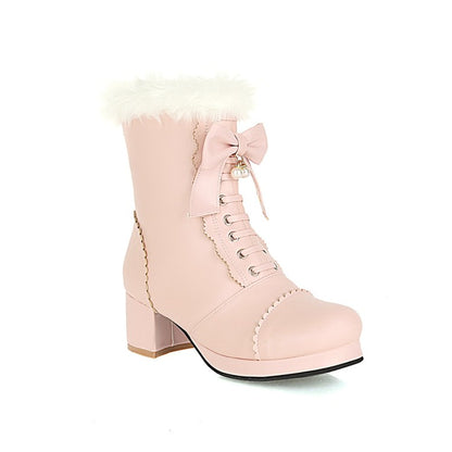 Women Bowtie High Heel Short Snow Boots