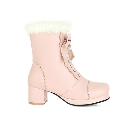 Women Bowtie High Heel Short Snow Boots