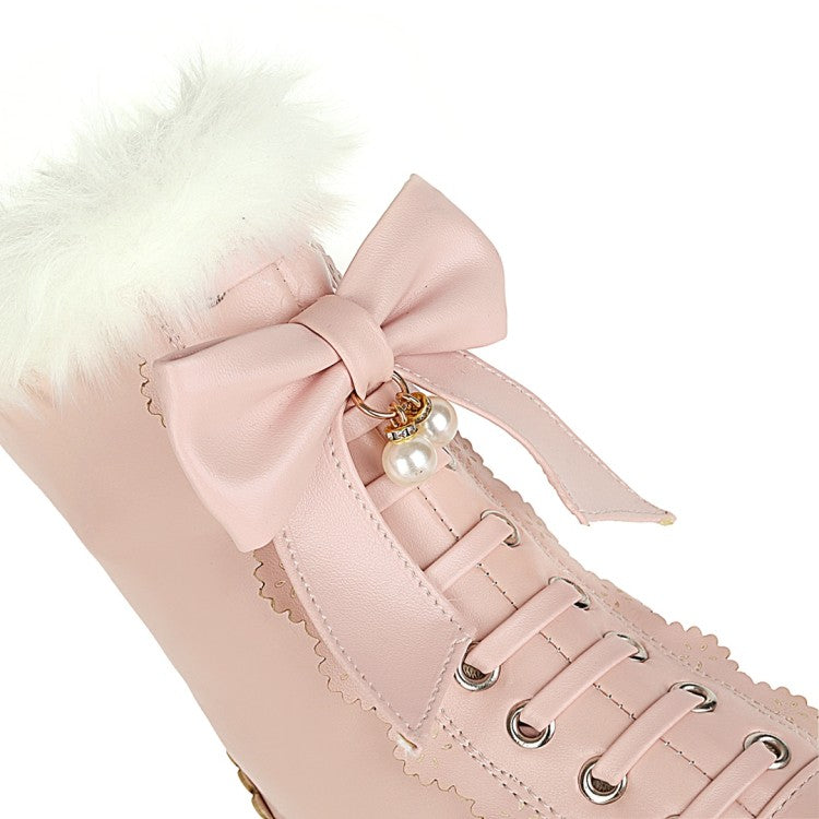 Women Bowtie High Heel Short Snow Boots