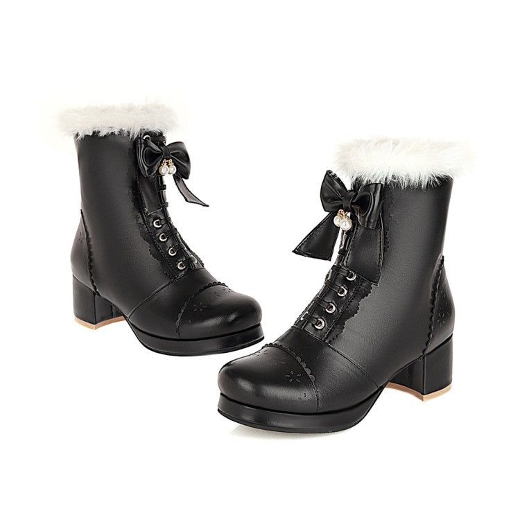 Women Bowtie High Heel Short Snow Boots