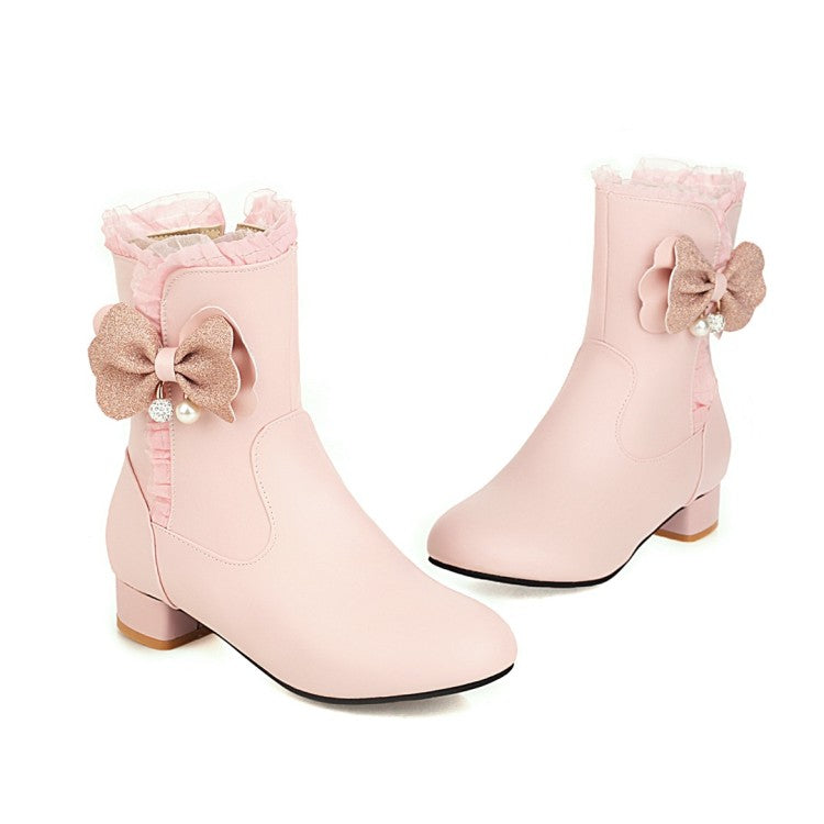 Women Bowtie Pearl Low Heel Short Boots