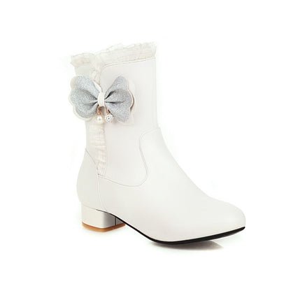 Women Bowtie Pearl Low Heel Short Boots