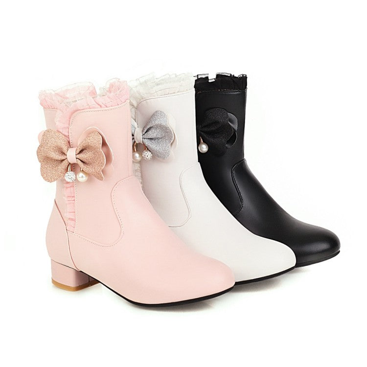 Women Bowtie Pearl Low Heel Short Boots