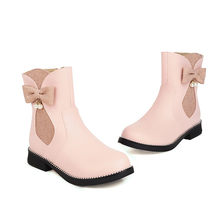 Women Bowtie Pearl Low Heel Short Boots