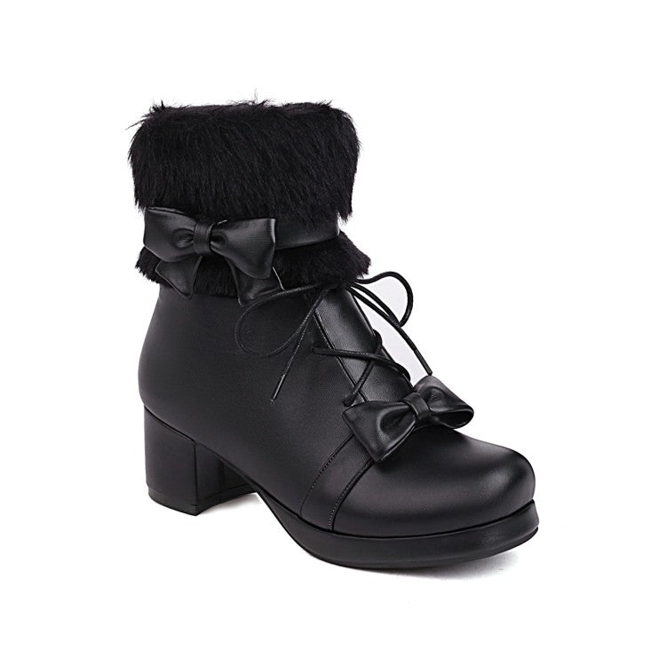 Women Bowtie Lace Up High Heel Short Snow Boots