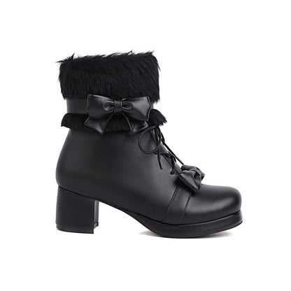 Women Bowtie Lace Up High Heel Short Snow Boots