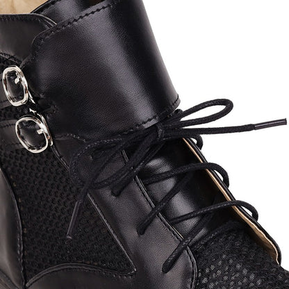 Women Buckle Lace Up Platform Heel Short Boots