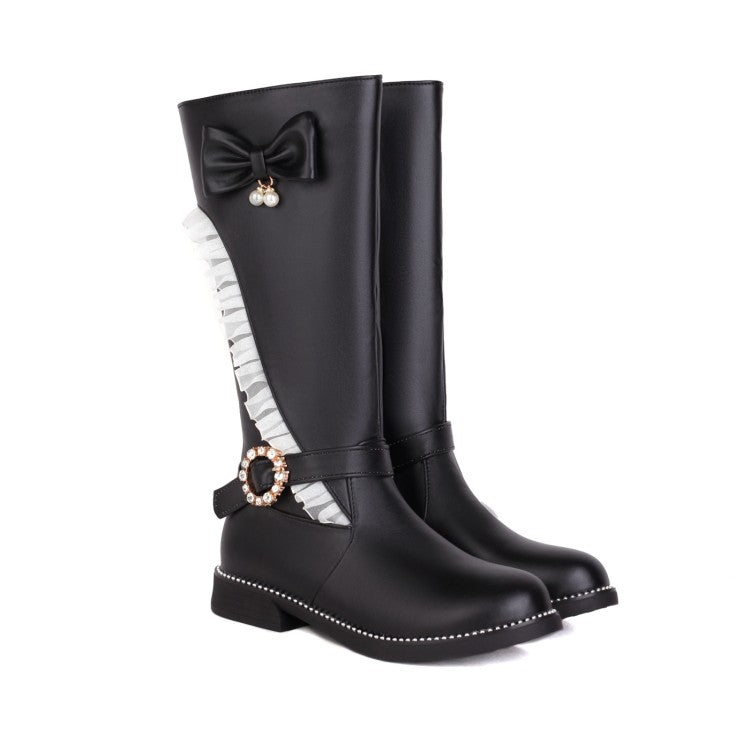 Women Rhinestone Pearl Low Heel Mid Calf Boots