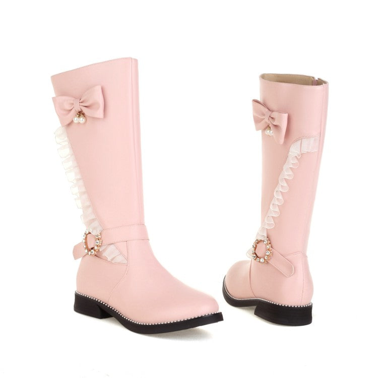 Women Rhinestone Pearl Low Heel Mid Calf Boots