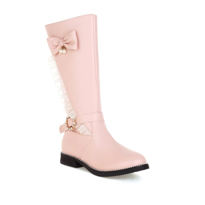 Women Rhinestone Pearl Low Heel Mid Calf Boots