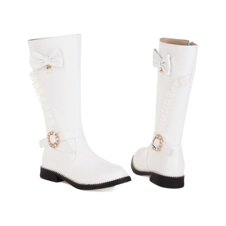 Women Rhinestone Pearl Low Heel Mid Calf Boots