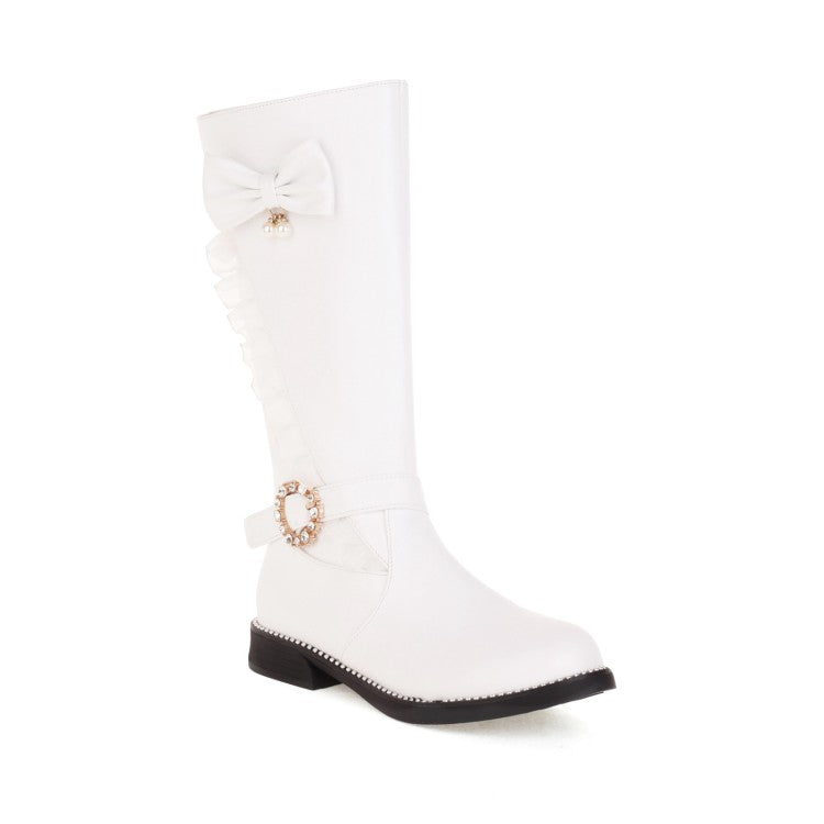 Women Rhinestone Pearl Low Heel Mid Calf Boots