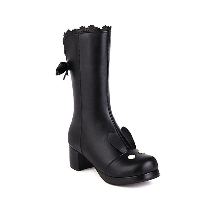 Women Bow High Heel Mid Calf Boots