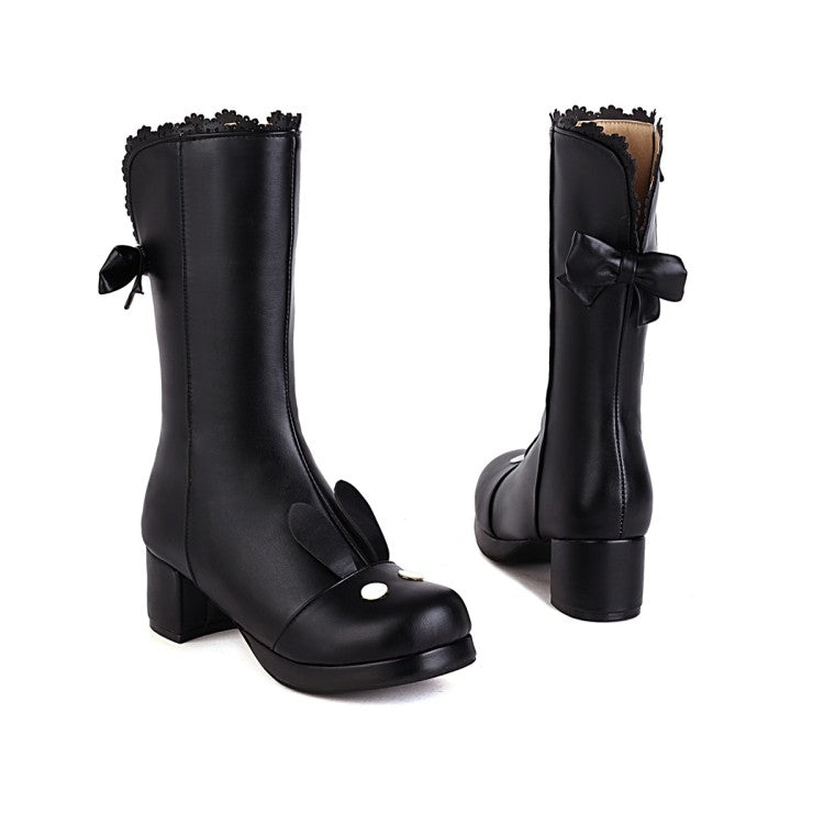 Women Bow High Heel Mid Calf Boots