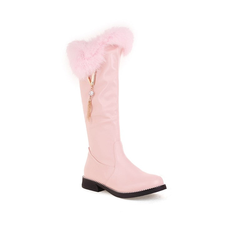 Women Zipper Fur Low Heel Mid Calf Boots