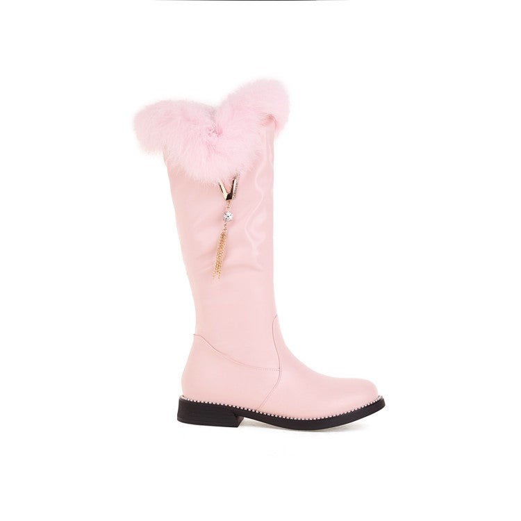 Women Zipper Fur Low Heel Mid Calf Boots