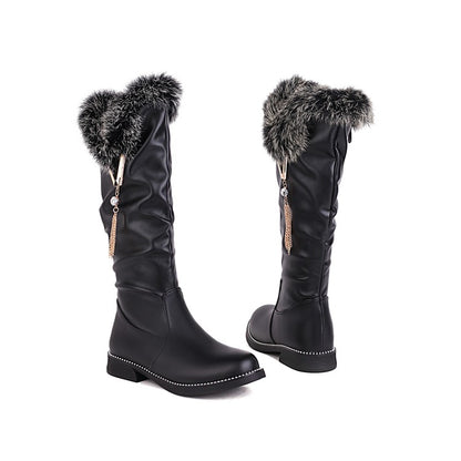 Women Zipper Fur Low Heel Mid Calf Boots