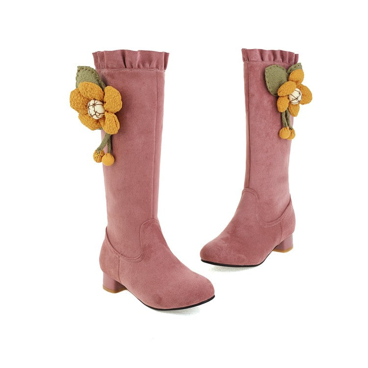 Women Flower Low Heel Mid Calf Boots