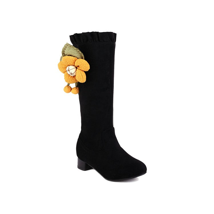 Women Flower Low Heel Mid Calf Boots