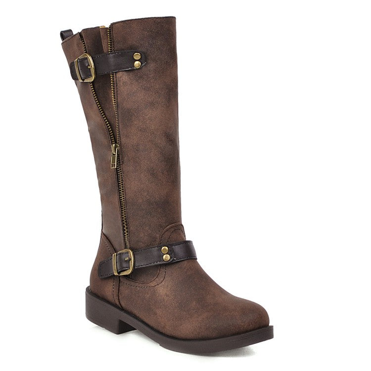 Women Buckle Belt Low Heels Knee High Boots