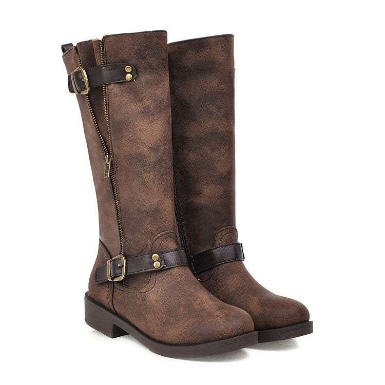Women Buckle Belt Low Heels Knee High Boots