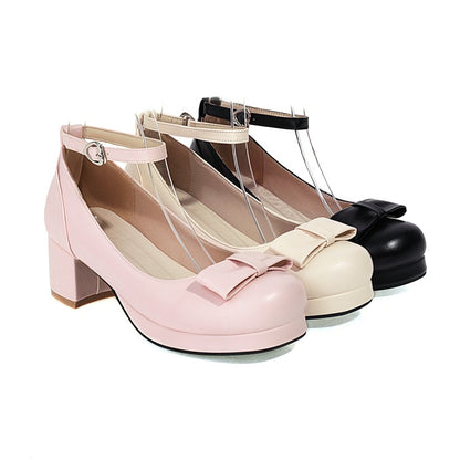 Women Ankle Strap Bow Chunky Heels Pumps Shoes