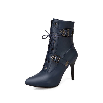 Pointed Toe Buckle Lace Up Women High Heel Short Boots