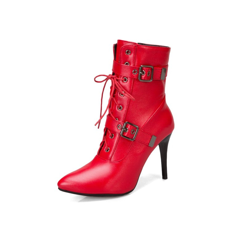 Pointed Toe Buckle Lace Up Women High Heel Short Boots