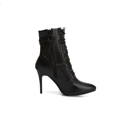 Pointed Toe Buckle Lace Up Women High Heel Short Boots