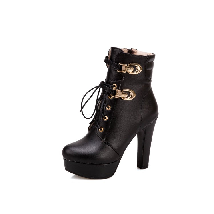 Women Lace Up High Heel Short Boots