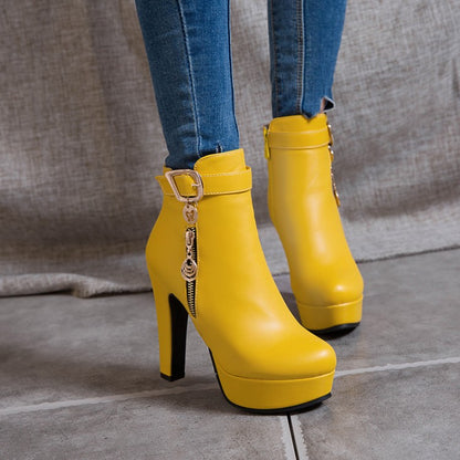 Women Buckle Zipper Platform High Heel Short Boots