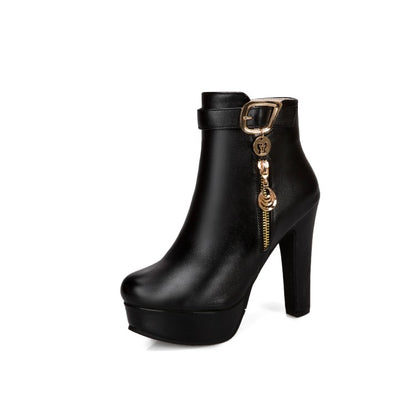 Women Buckle Zipper Platform High Heel Short Boots