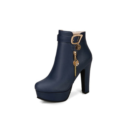 Women Buckle Zipper Platform High Heel Short Boots