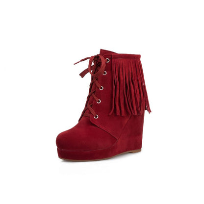 Women Tassel Wedges High Heel Short Boots