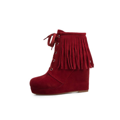 Women Tassel Wedges High Heel Short Boots