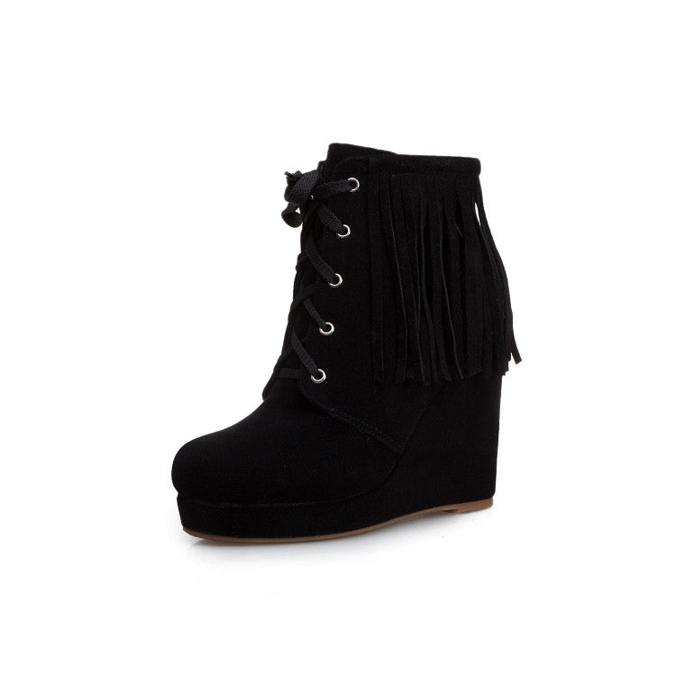 Women Tassel Wedges High Heel Short Boots