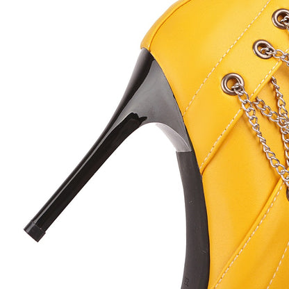 Women Pointed Toe Chain High Heel Short Boots