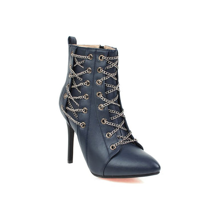 Women Pointed Toe Chain High Heel Short Boots