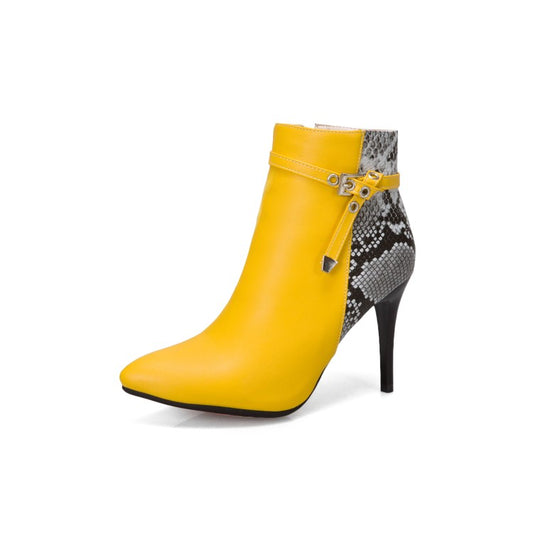 Women Pointed Toe Snake-print High Heel Short Boots