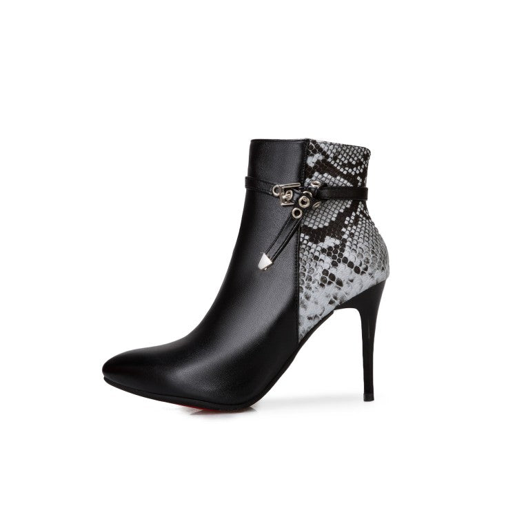Women Pointed Toe Snake-print High Heel Short Boots