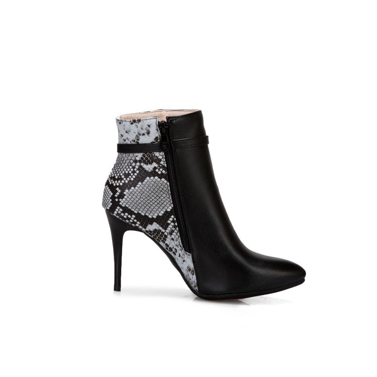 Women Pointed Toe Snake-print High Heel Short Boots