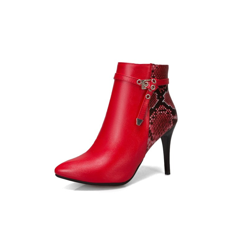 Women Pointed Toe Snake-print High Heel Short Boots