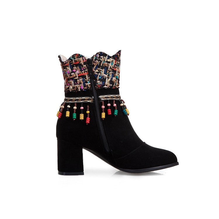 Women Tassel Chunky High Heel Short Boots