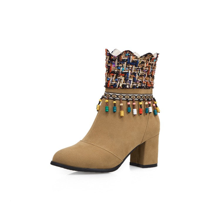 Women Tassel Chunky High Heel Short Boots