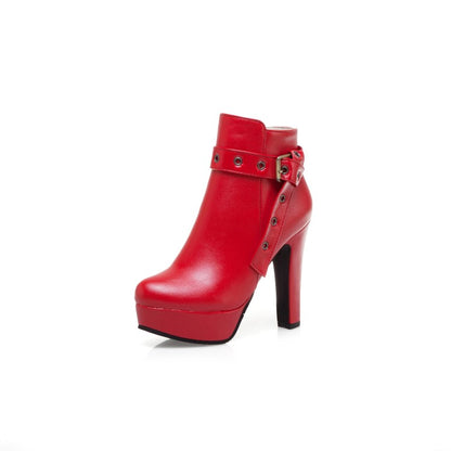 Women Buckle Belt Platform High Heel Short Boots