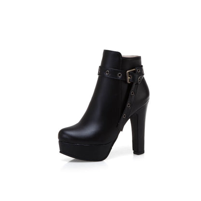 Women Buckle Belt Platform High Heel Short Boots