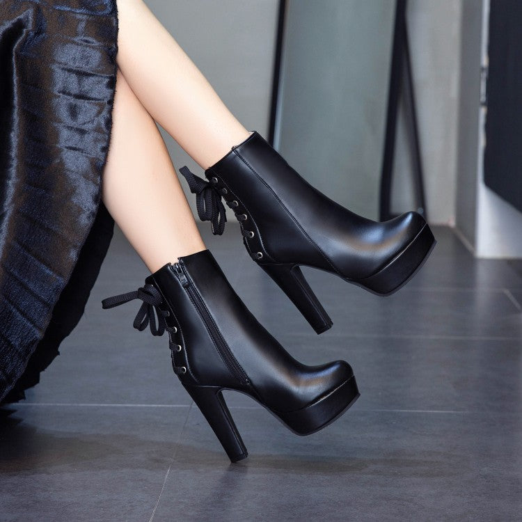 Women Back Lace Up Platform High Heel Short Boots