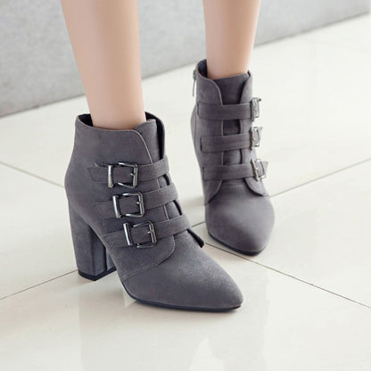 Women Suede Buckle High Heel Short Boots